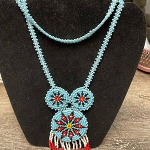 Artisan Beaded Necklace with Turquoise and Red Accents
